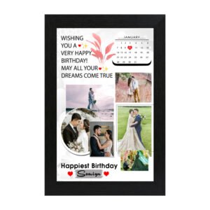 Personalized birthday calendar collage photo frame with photos, floral artwork and ‘Happiest Birthday Soniya’ message