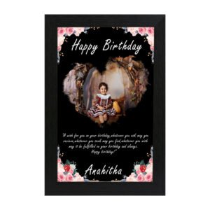 Personalized floral heart birthday photo frame with child’s photo, message and Anahitha’s name in black frame