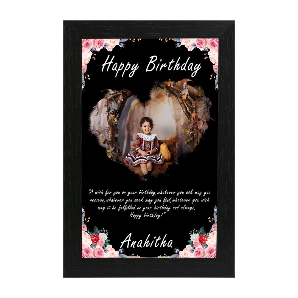 Personalized floral heart birthday photo frame with child’s photo, message and Anahitha’s name in black frame