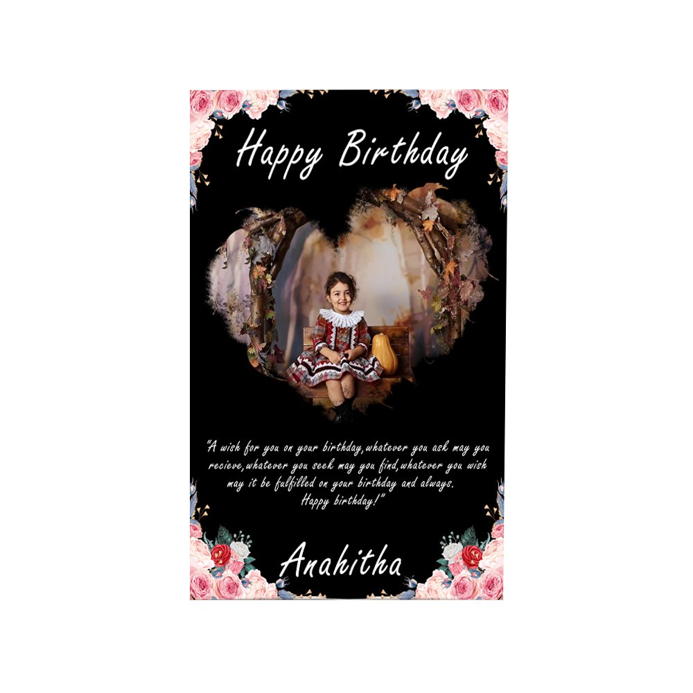 Personalized floral heart birthday photo frame with child’s photo, message and Anahitha’s name in black frame