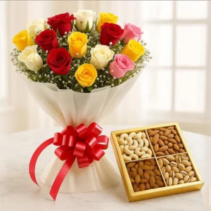 Mixed rose bouquet with dry fruits box for same day delivery in Burdwan