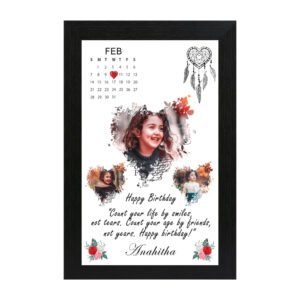 Personalized birthday calendar splash art photo frame with child’s photos, dreamcatcher design and Anahitha’s name