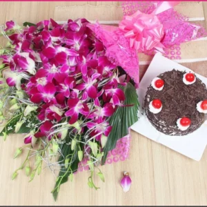 Purple orchid bouquet with chocolate cake for same day delivery in Burdwan