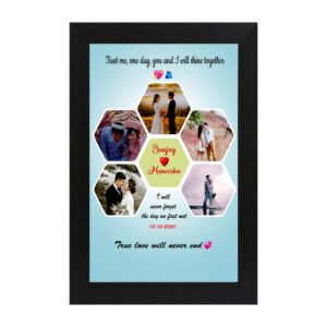 Personalized hexagon couple collage photo frame with names Sanjay and Manesha, photos and love quotes