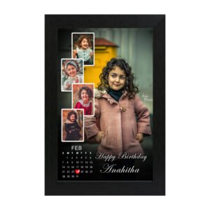 Personalized vertical birthday calendar photo frame with cascading photos and Happy Birthday Anahitha text