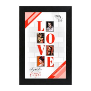 Personalized LOVE wedding couple collage photo frame with four photos and Raja & Rani names in black frame