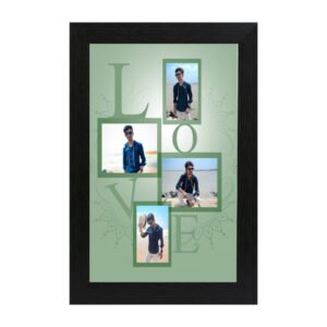 Personalized LOVE theme 5-photo collage frame with green background and black wooden frame