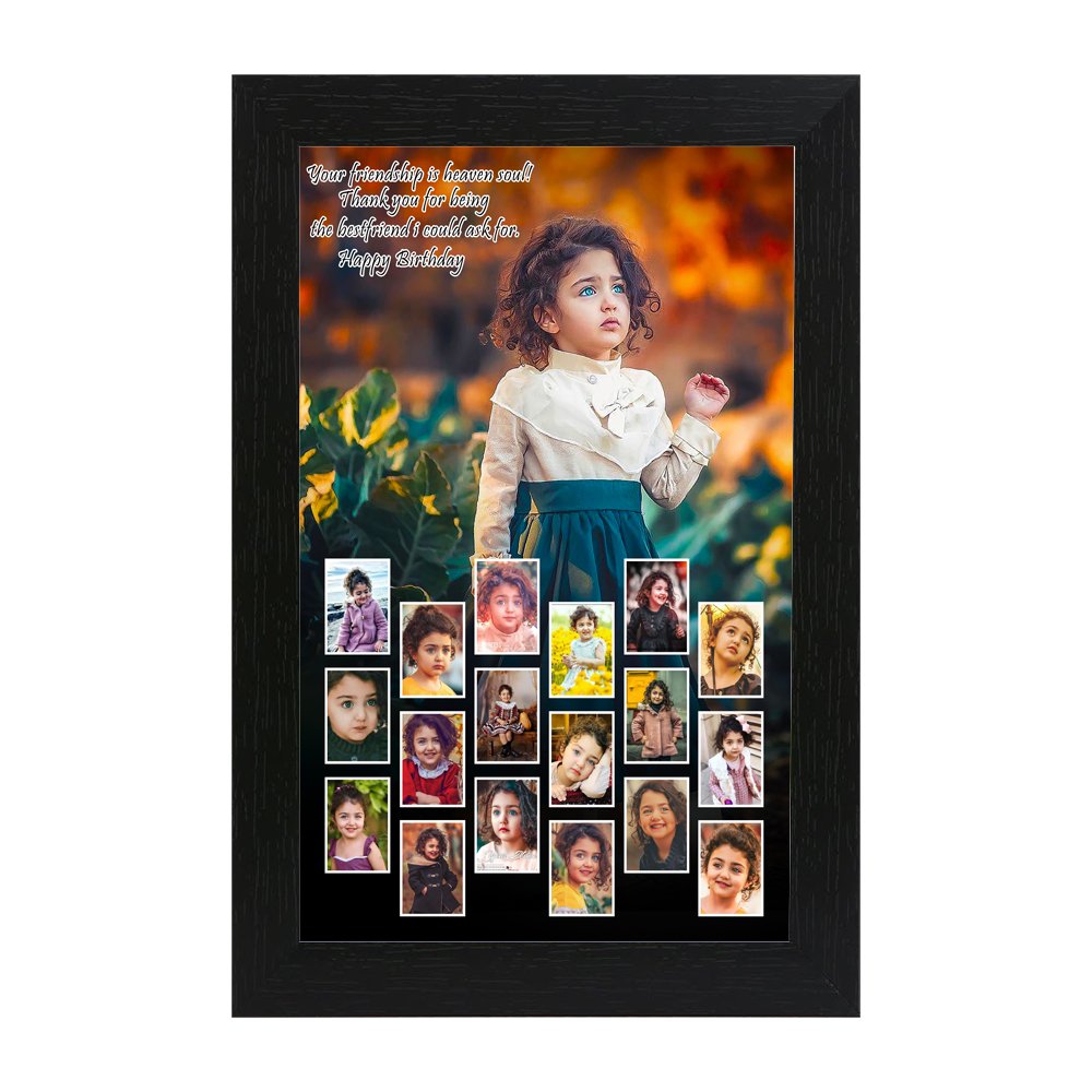 Personalized kids birthday multi-photo collage frame with large portrait and 20+ small photos in a black frame