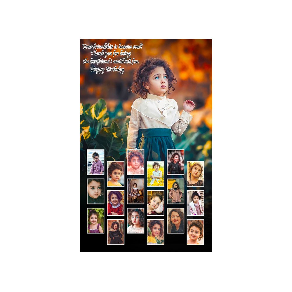 Personalized kids birthday multi-photo collage frame with large portrait and 20+ small photos in a black frame