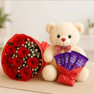 Red rose bouquet with teddy bear and Dairy Milk chocolates for same day delivery in Burdwan