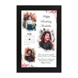 Personalized birthday calendar splash art photo frame with three kids’ photos, floral borders and Anahitha’s name