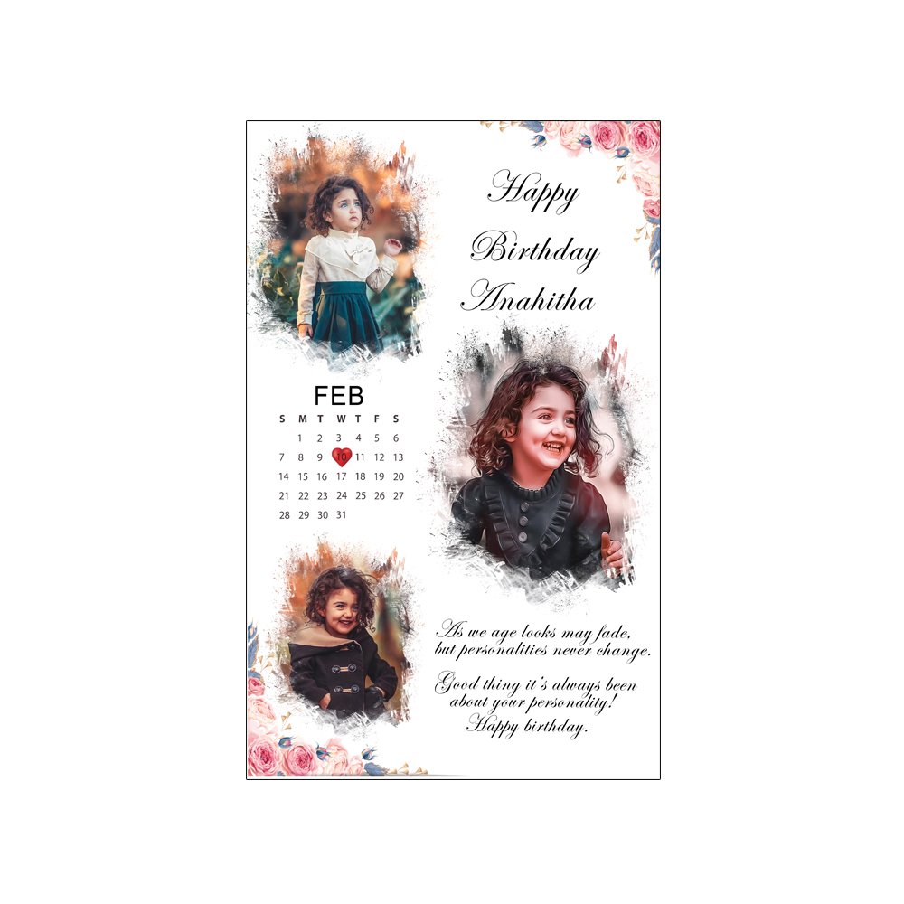Personalized birthday calendar splash art photo frame with three kids’ photos, floral borders and Anahitha’s name