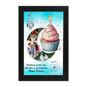Personalized cupcake-themed birthday calendar collage photo frame with multiple photos and February date highlight