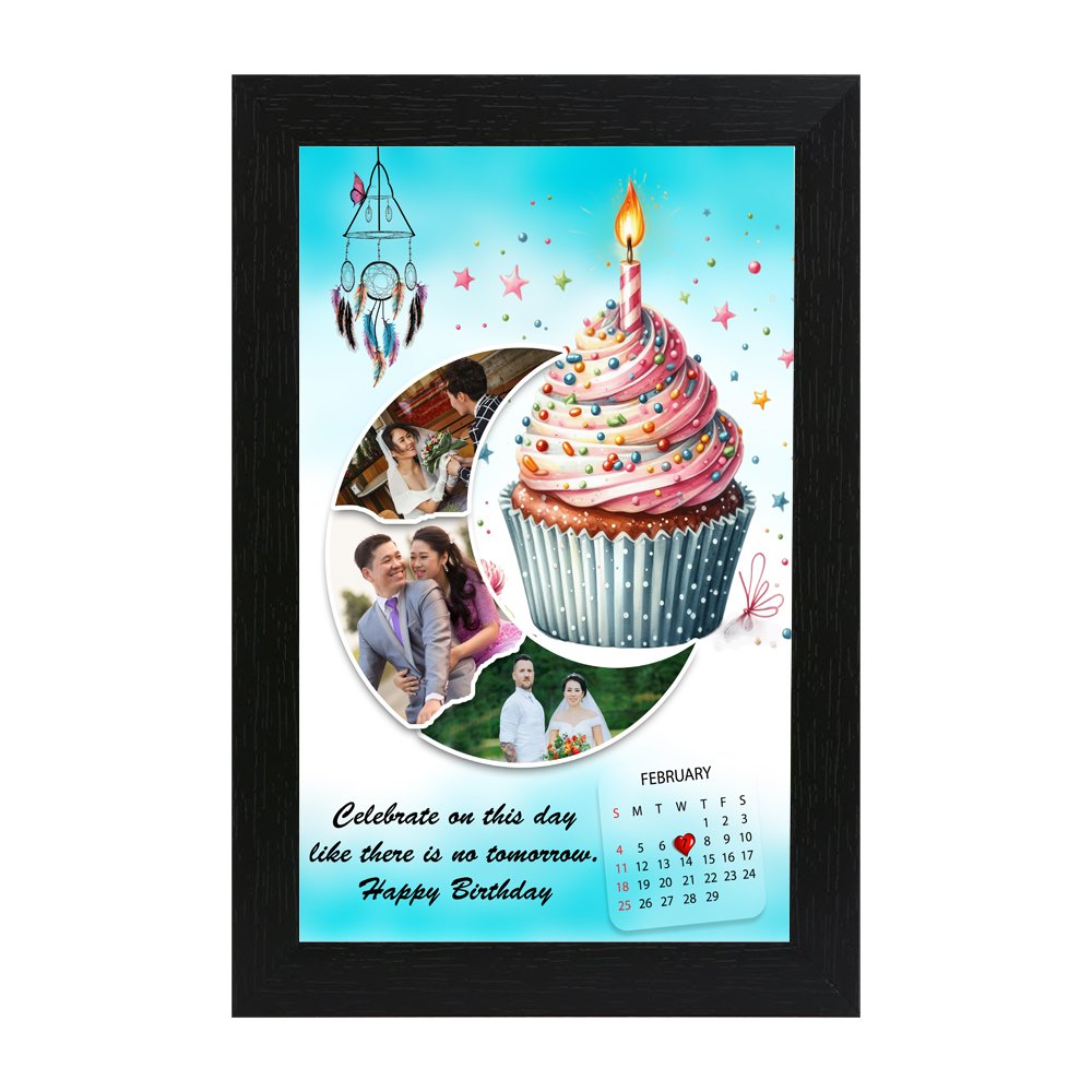 Personalized cupcake-themed birthday calendar collage photo frame with multiple photos and February date highlight