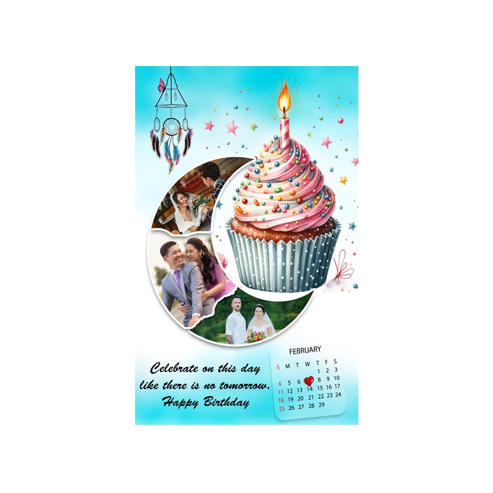 Personalized cupcake-themed birthday calendar collage photo frame with multiple photos and February date highlight