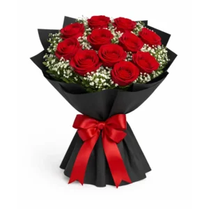 12 red rose bouquet with black wrapping
