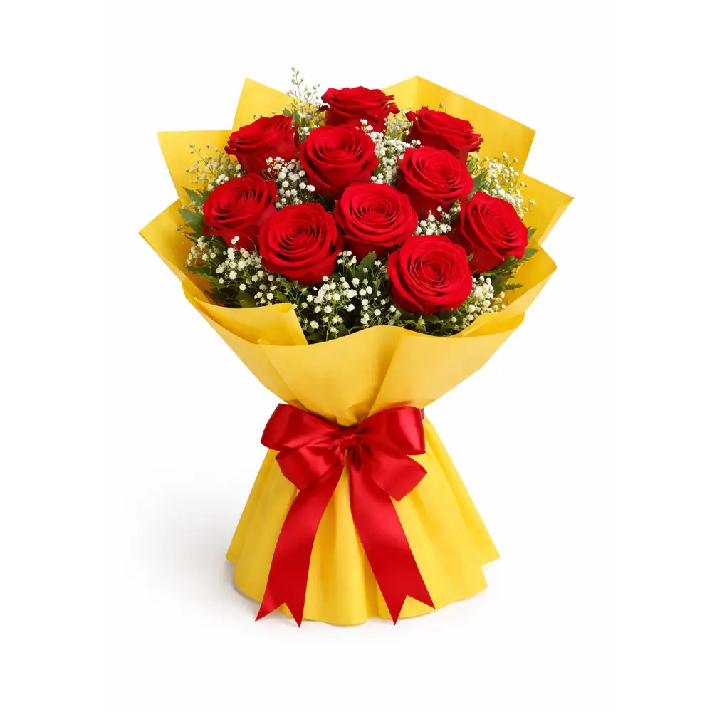 12 red rose bouquet with yellow wrapping
