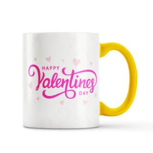 Happy Valentine’s Day Printed Mug | Romantic Gift with Yellow Handle